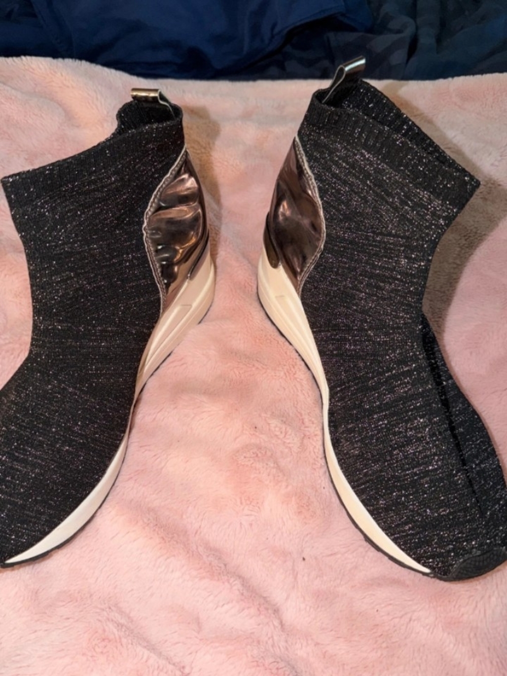 Michael Kors Black Knit Slip-On Wedge Sneakers with Metallic Silver Heel